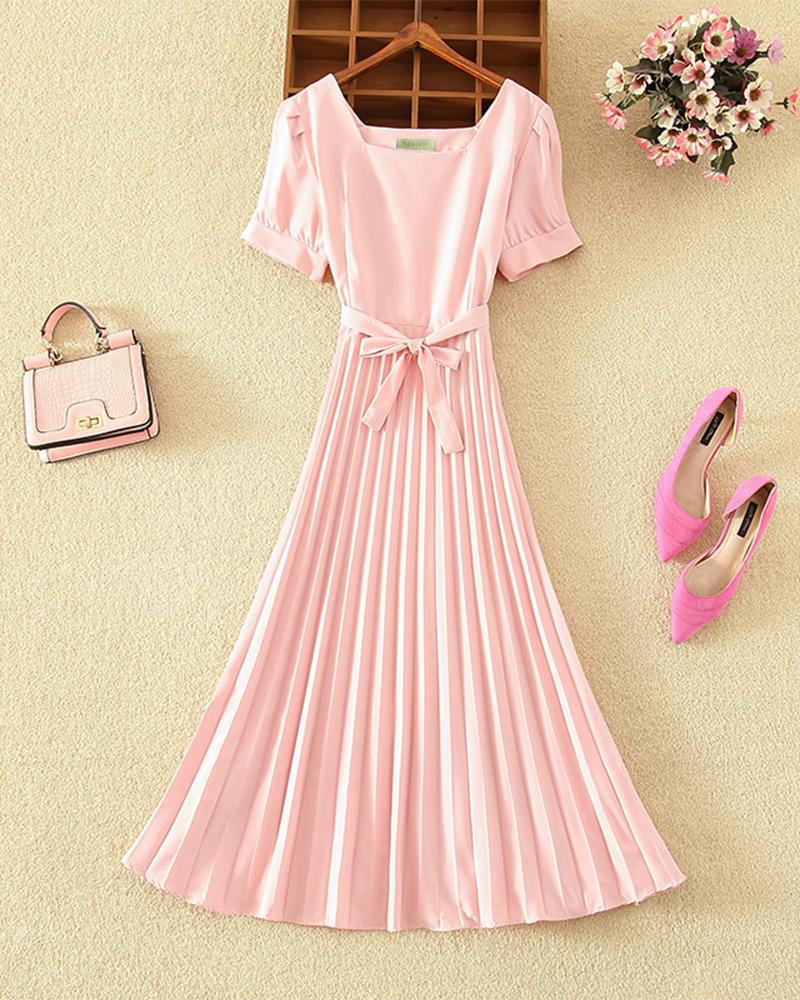 

Solid Short Sleeve Lace-up Waist Midi Dress, Pink