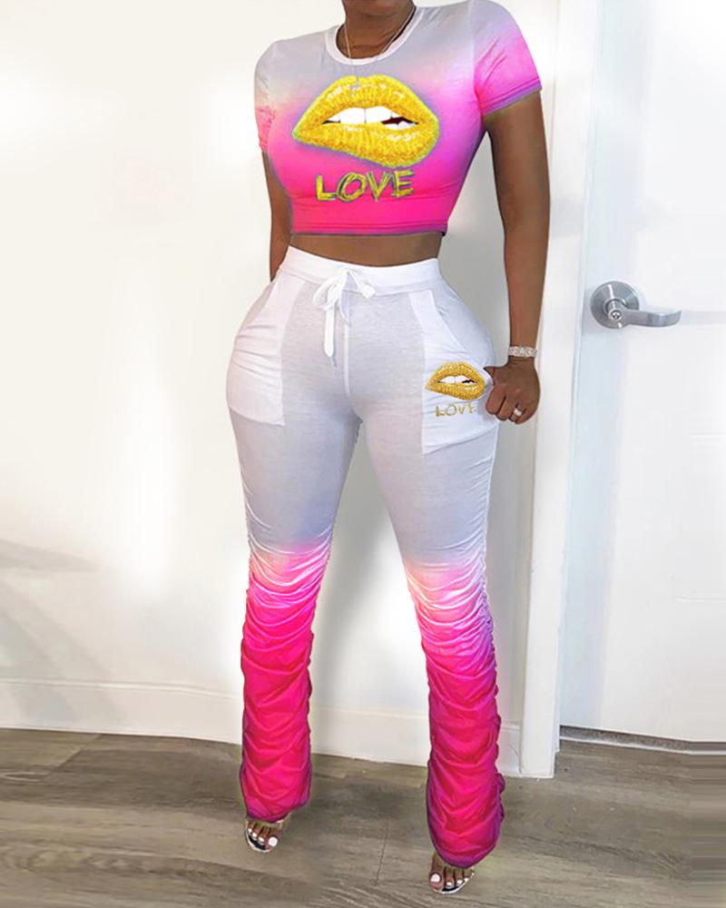 

Lip Letter Print Top & Drawstring Pants Set, Pink