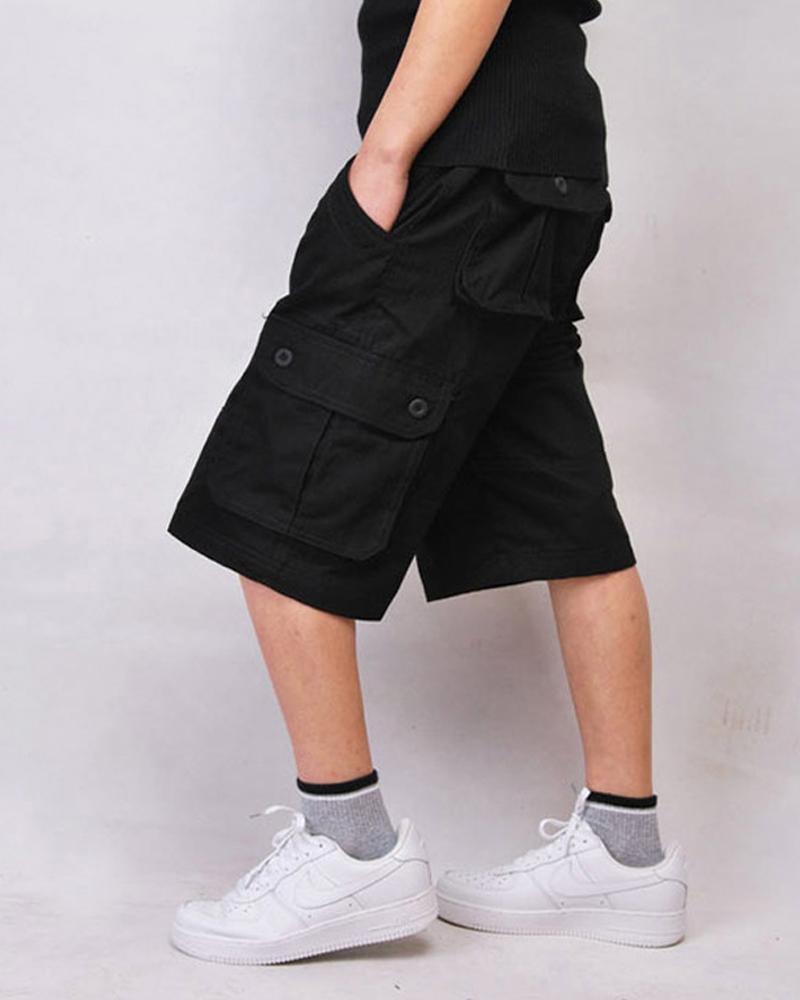 

Solid Color Loose Short Cargo Pants With Pockets, Black