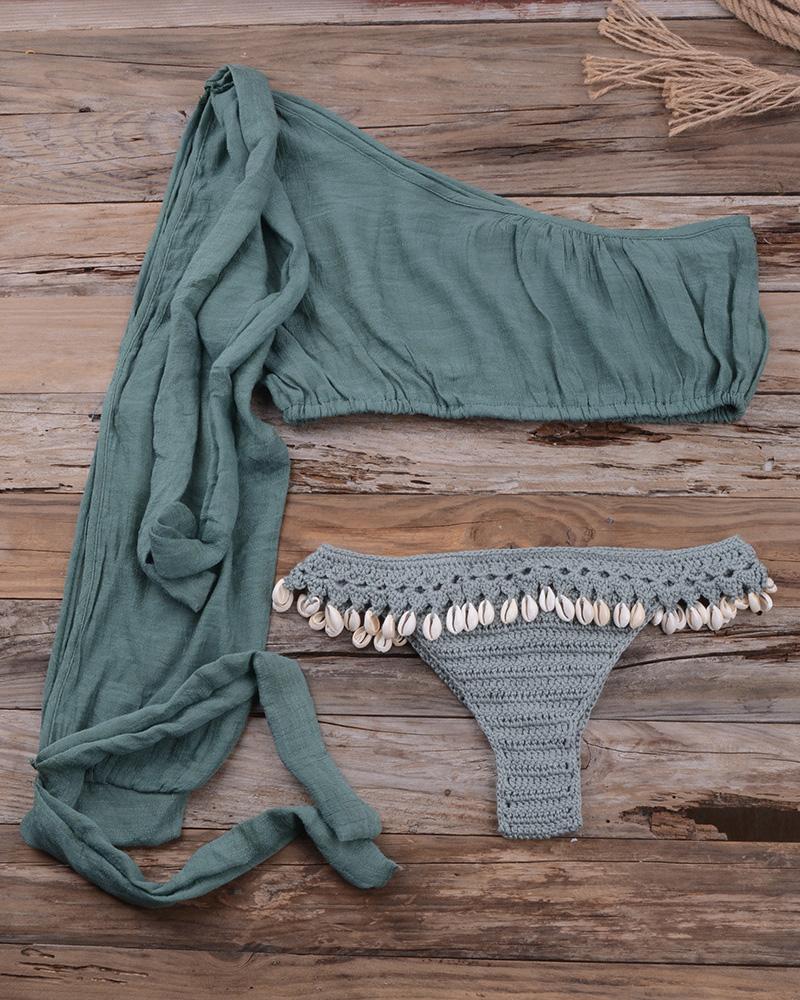 

One Shoulder Pompom Crochet Tankini Set, Green