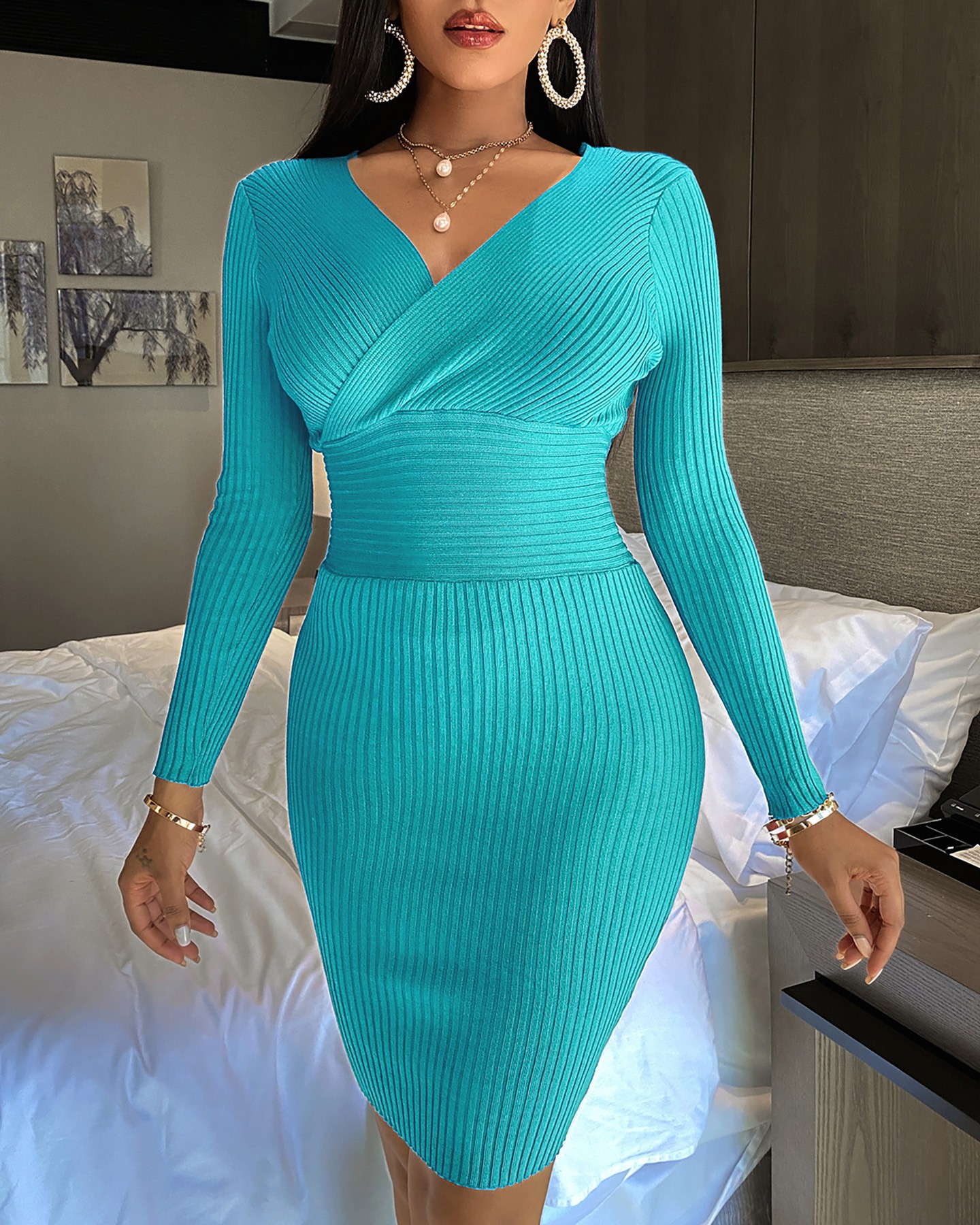 Plain Long Sleeve Knit Wrap Bodycon Dress