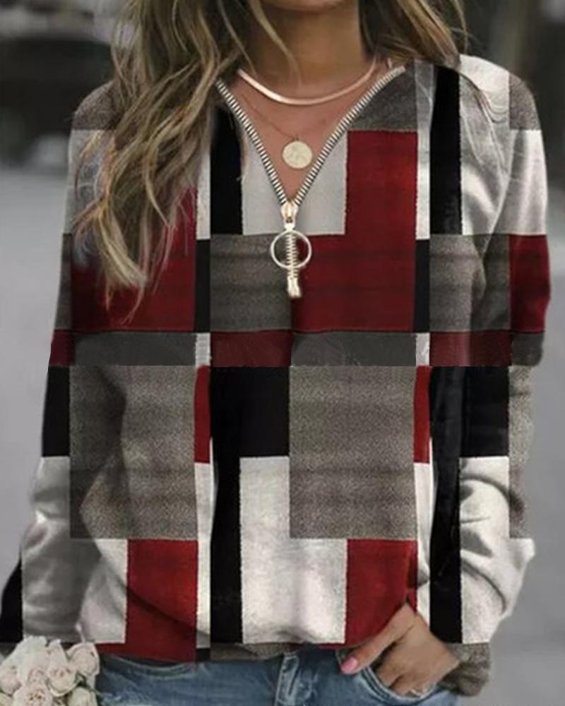 

Colorblock Long Sleeve Loose Zip-up Blouse, Red