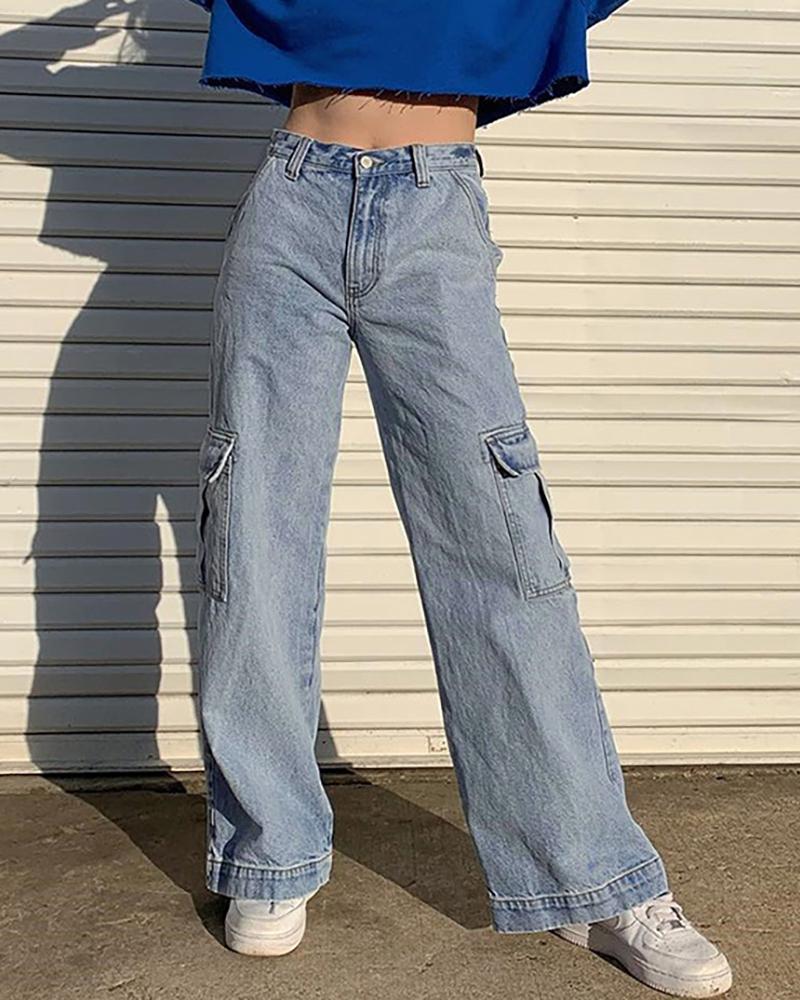 

Pocket Design Wide Leg Casual Jeans, Blue