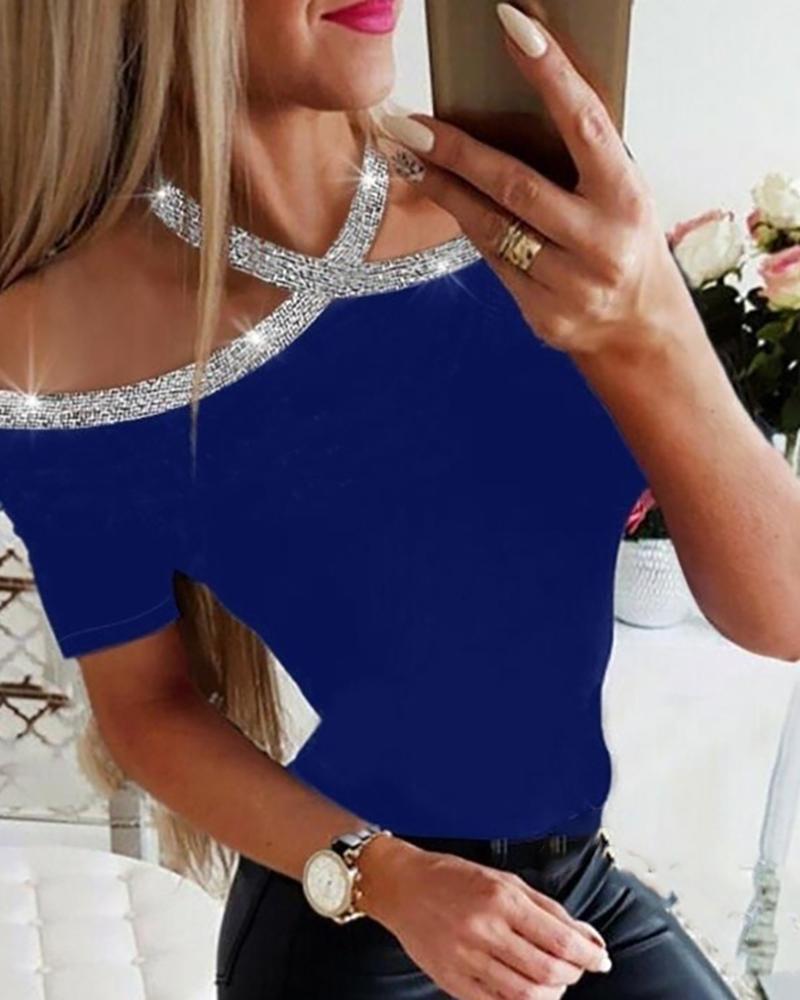 

Rhinestone Details Halterneck Short Sleeve Women Blouse, Blue