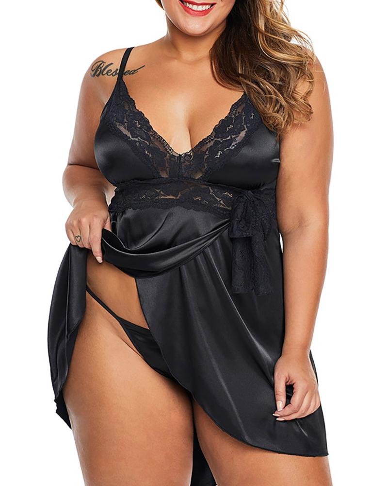 

Plus Size Lace Trim Satin Slit Babydoll, Black