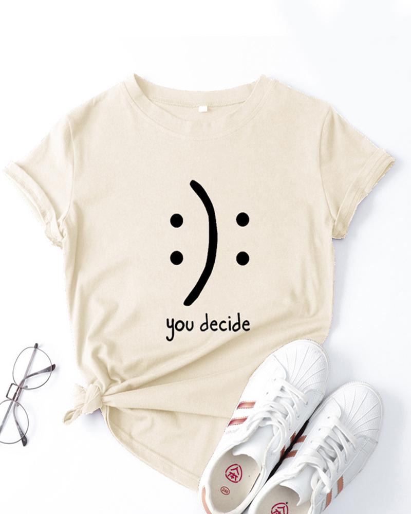 

Letter Smile Face Print Round Neck Short Sleeve T-Shirt, Khaki