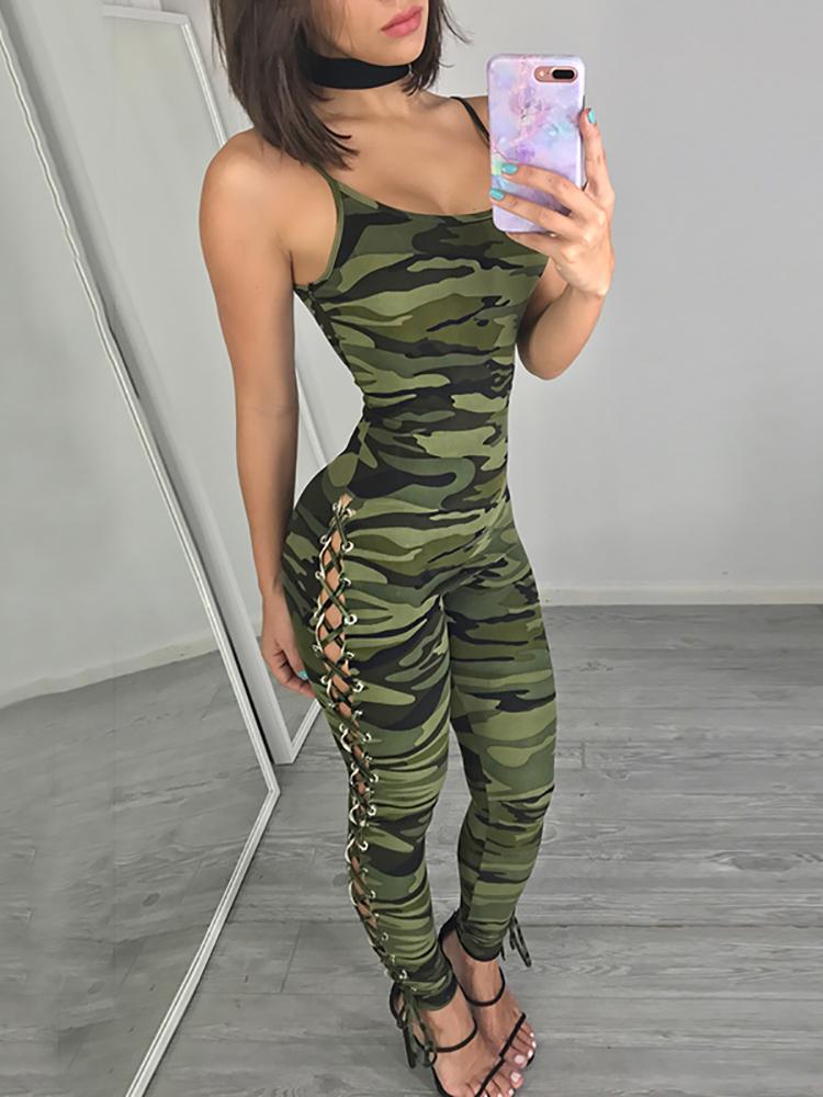 

Stylish Camouflage Printed Side Lace Up Jumpsuit, Army green
