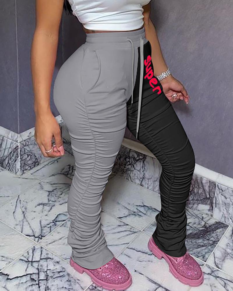 

Letter Print Colorblock Pockets Sweatpants, Gray