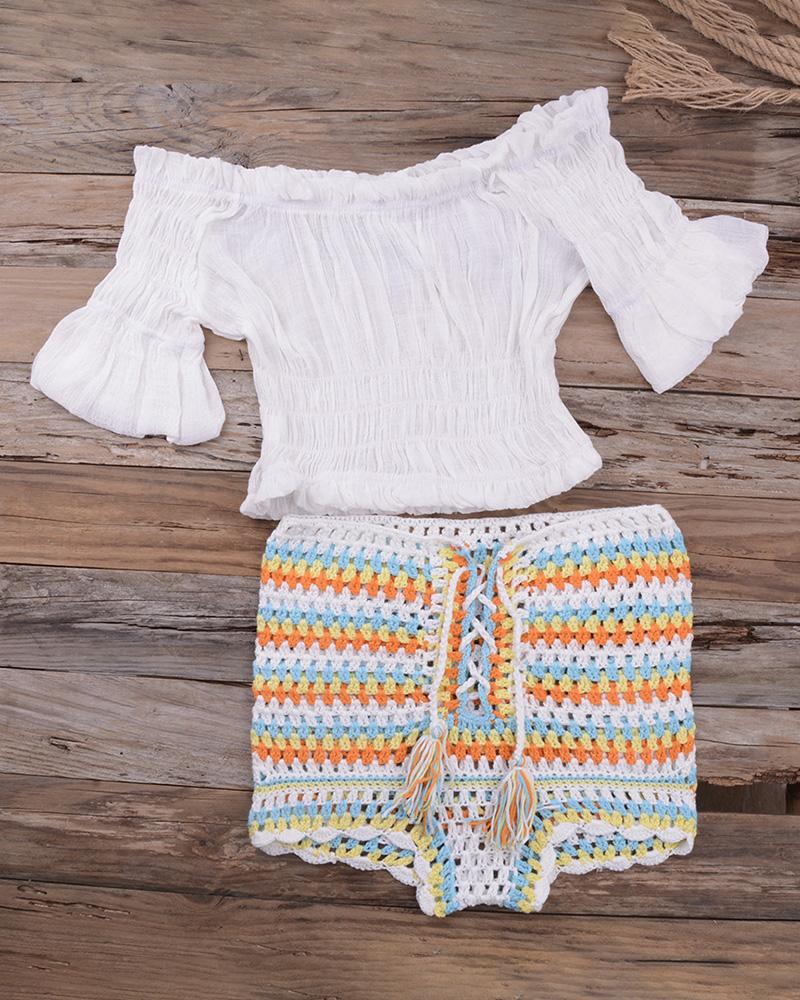 

Off Shoulder Hollow Out Crochet Tankini Set, White