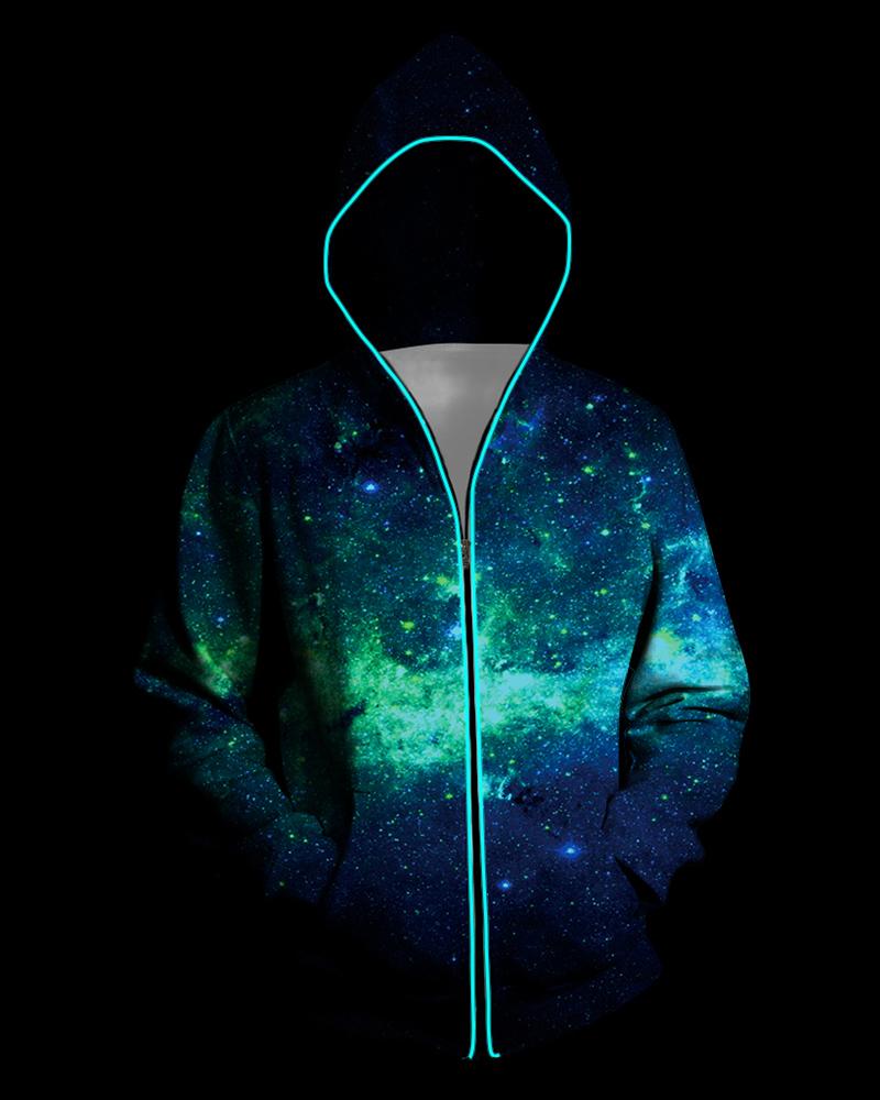 

3D Light Up Hooded Galaxy Print Zipper Battery Powered Jacket, Green
