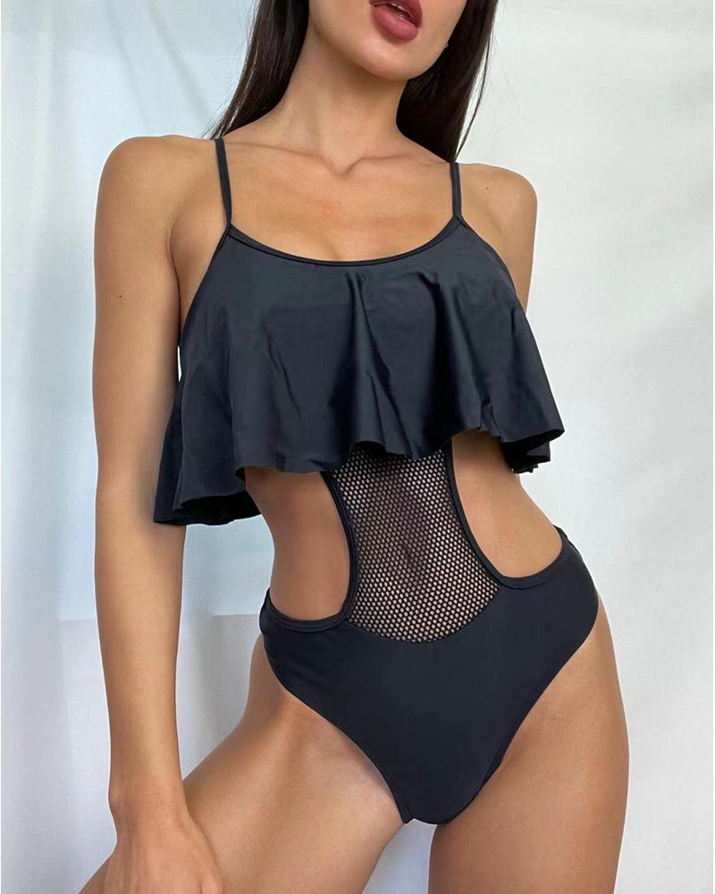 

Fishnet Mesh Ruffles Cutout Waist One Piece Swimsuit, Black