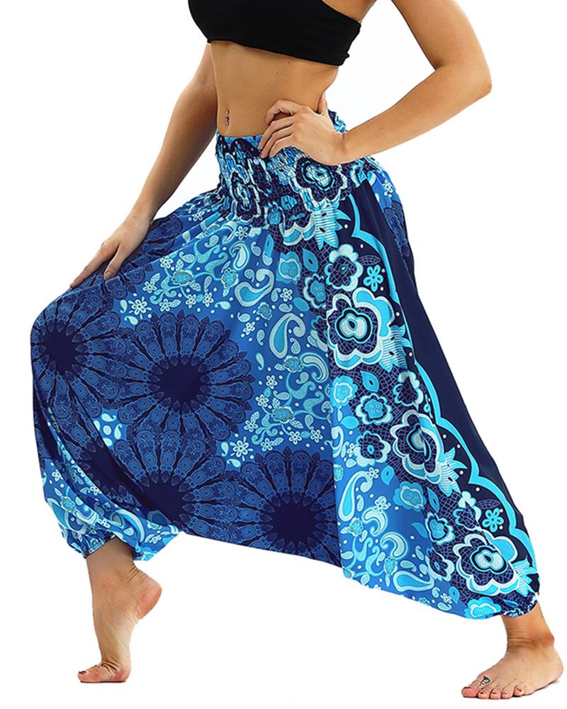 

Print Wide Leg High Waist Yoga Pants, Blue
