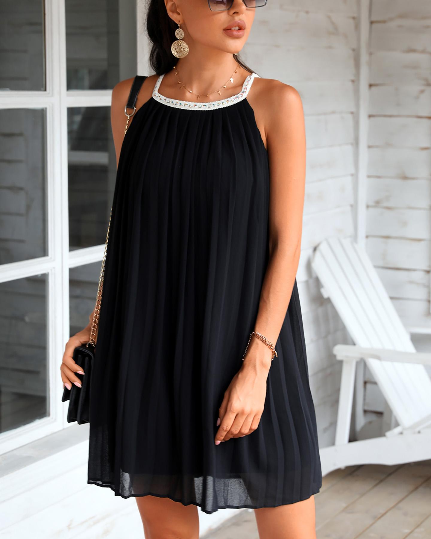 

Ruched Sleeveless Mini Pleated Dress, Black