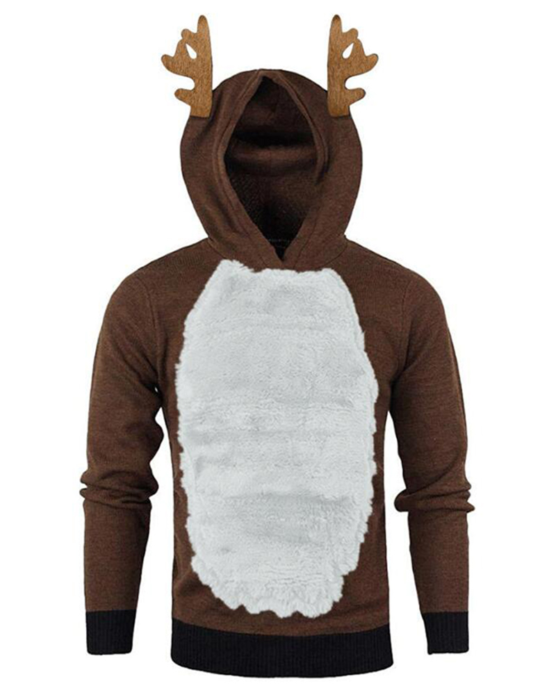 

Men Colorblock Ear Design Fluffy Hooded Top, Style14