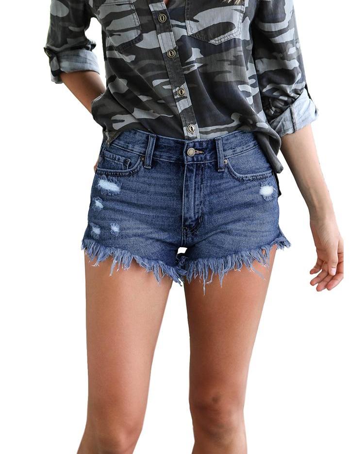 

Fringes Hem Distress Denim Shorts, Dark blue