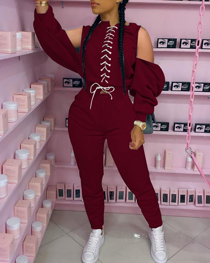 

Plus Size Cutout Eyelet Lace Up Plain Women Top & Pants Set, Wine red