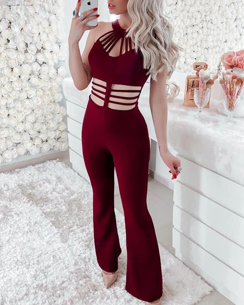 

Multi-Bandage Design Cutout Jumpsuits, Dark red