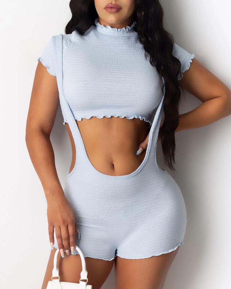 

Shirring Design Frill Hem Top & Suspender Romper Set, Light blue