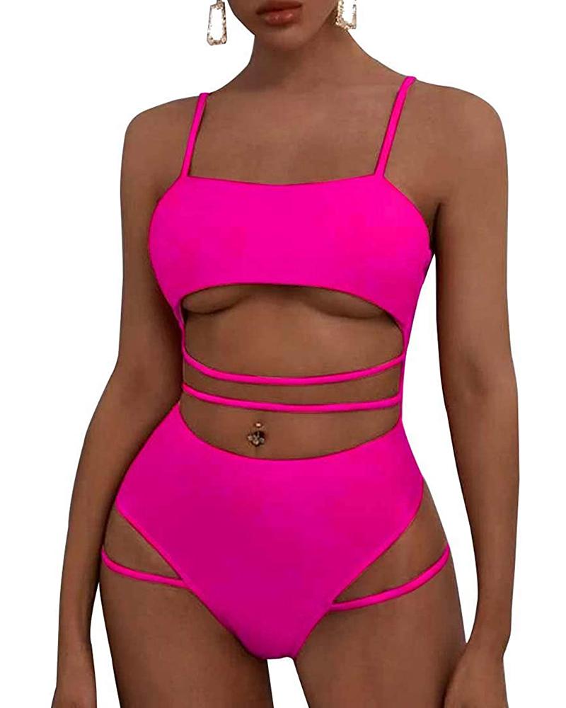 

Push up Strappy High Waisted Cutout One Piece Swimsuit, Hot pink