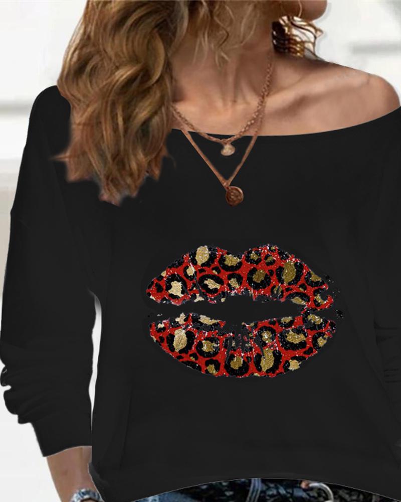 

Leopard Lip Print Long Sleeve Loose T-shirts, Black