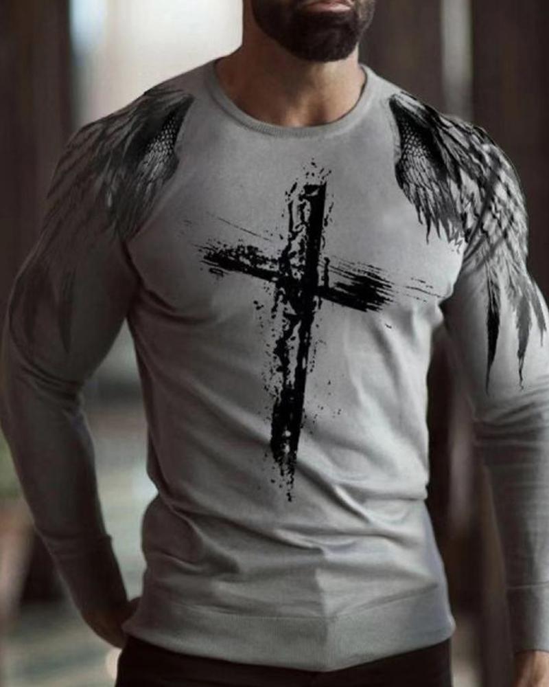 

Cross Print Long Sleeve T-shirt, Gray