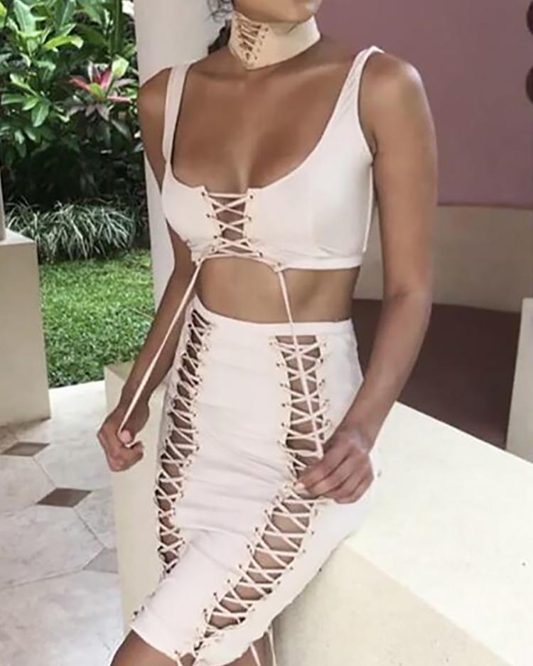 

Fashion Lace-up Low Cut Cropped Tight Two-pieces Dress, Beige