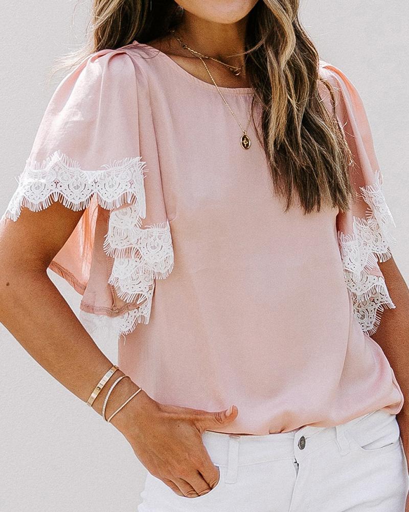 

Eyelash Lace Short Sleeve Round Neck Top, Pink