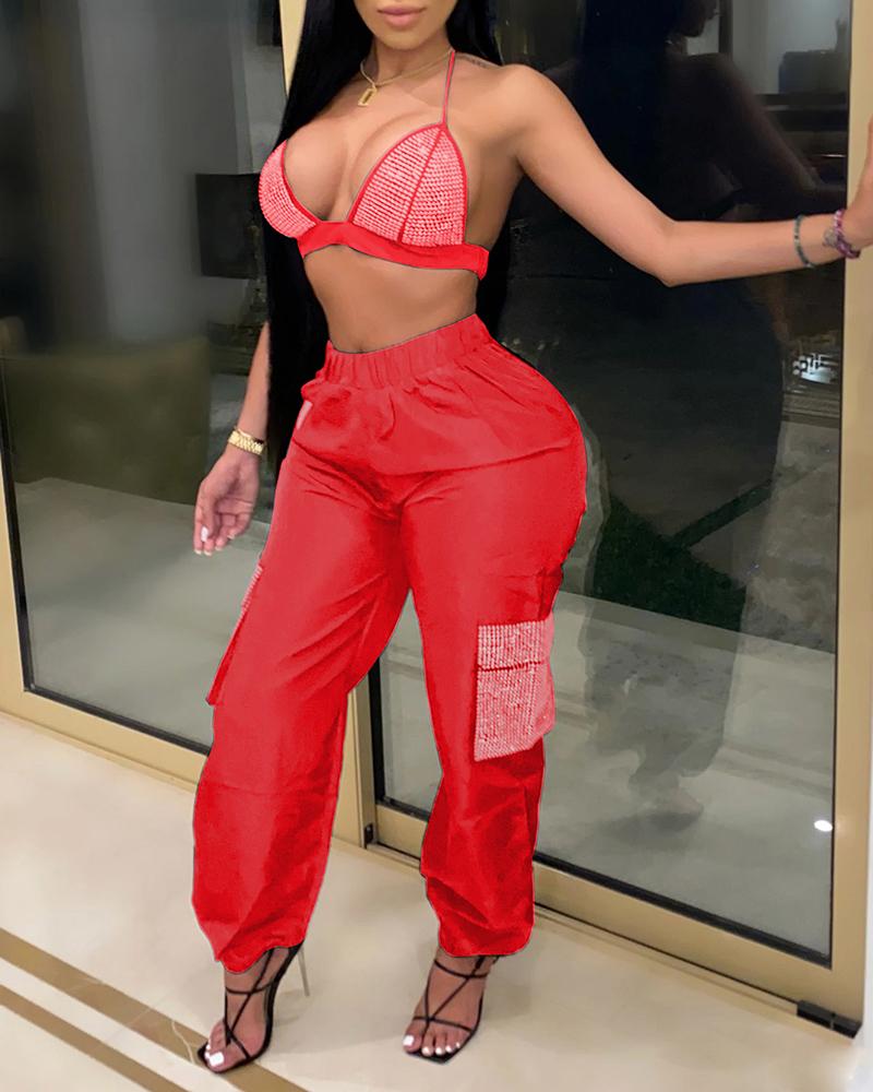 

Rhinestone Halter Crop Top & High Waist Pants Set, Red