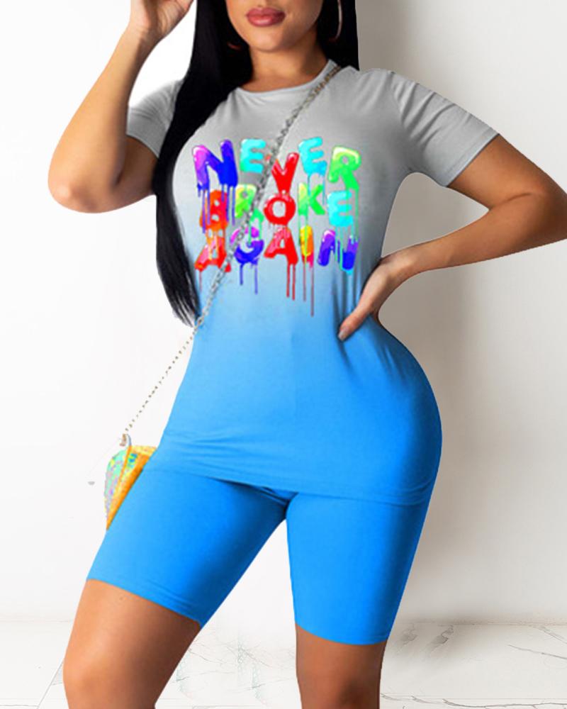 

Gradient Splicing Multicolor Letter Print Short Sleeve T-shirt With Short Pants Suit Sets, Blue