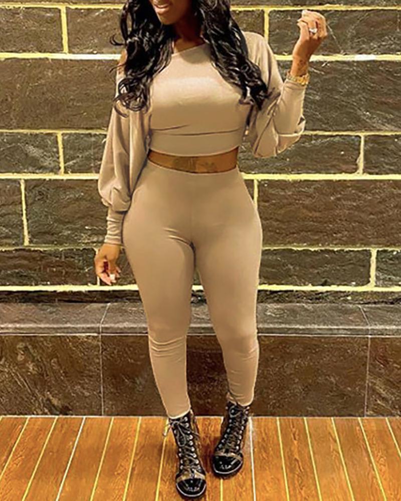 

Lantern Sleeve Crop Top & High Waist Pants Set, Khaki