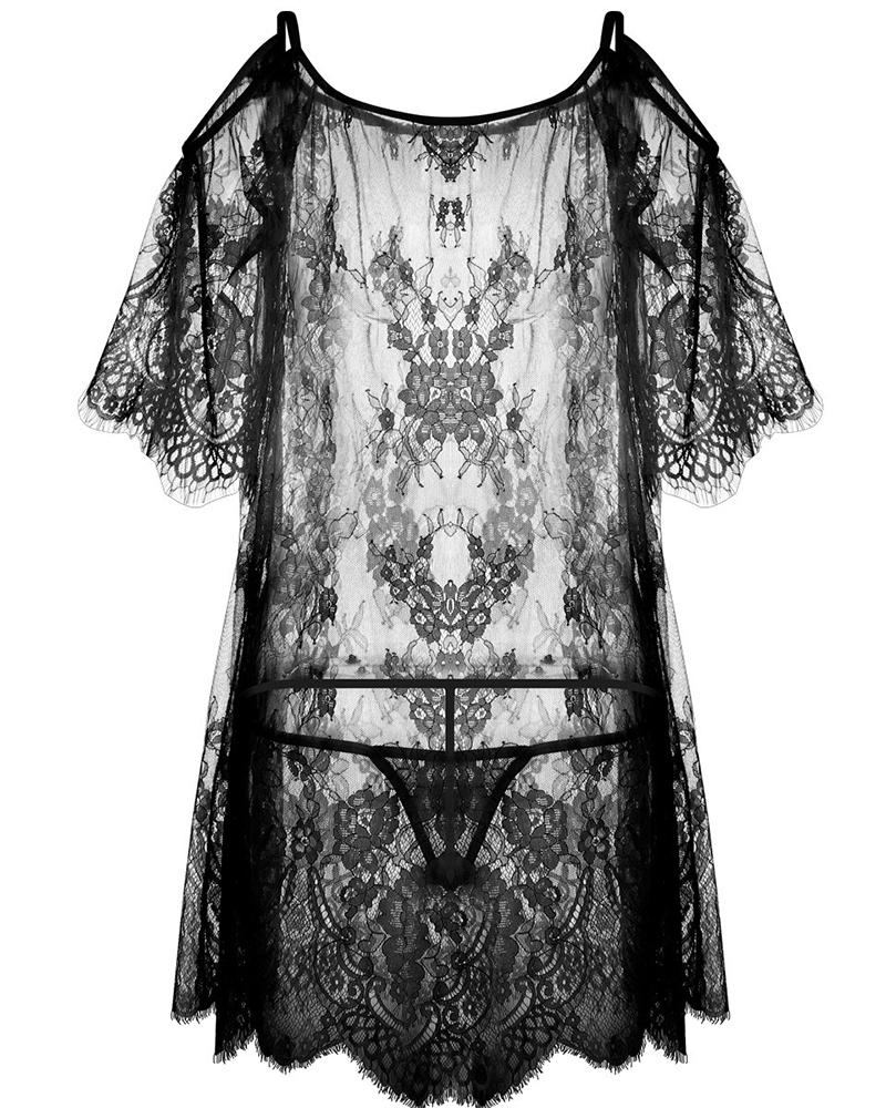 

Sheer Mesh Lace Short Sleeve Babydoll With Thong, Black