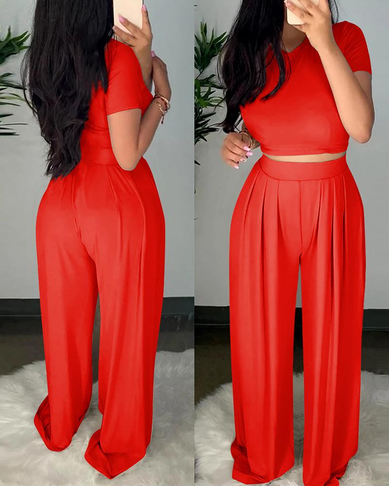 

Short Sleeve Casual Top & Ruched Palazzo Pants Set, Red