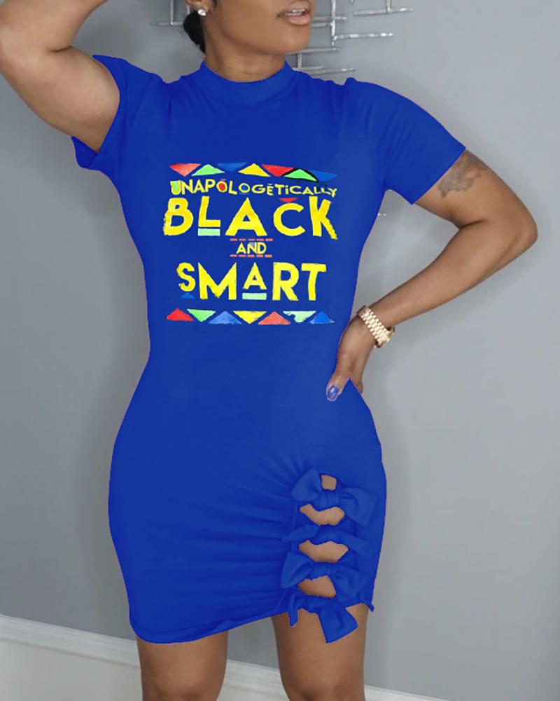 

Letter Print Cut Out Knotted Dress, Blue