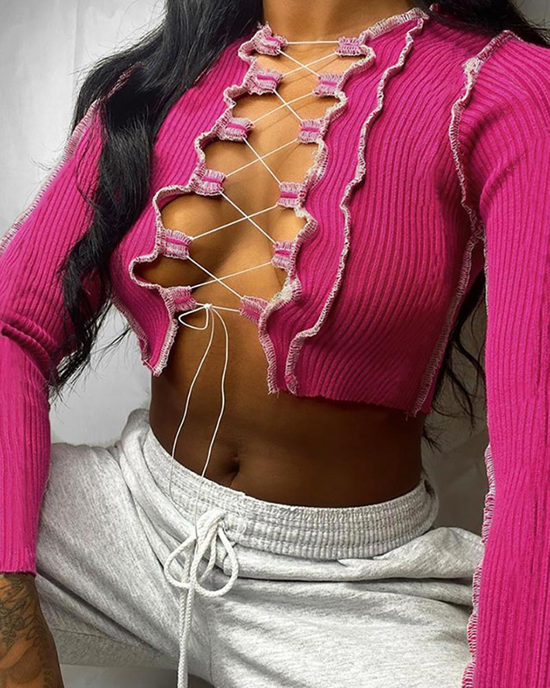 

Frill Hem Contrast Binding Lace-up Crop Top, Hot pink