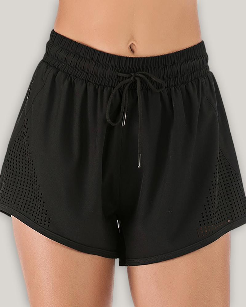 

Double Layer Drawstring Hollow Out Inner Pocket Athletic Shorts, Black