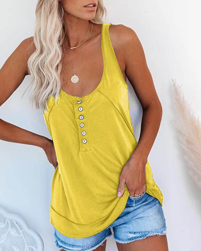 

U-neck Half Button Casual Tank Top, Yellow