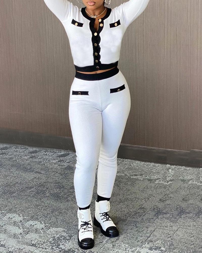 

Colorblock Button Design Long Sleeve Crop Top & High Waist Pants Set, White
