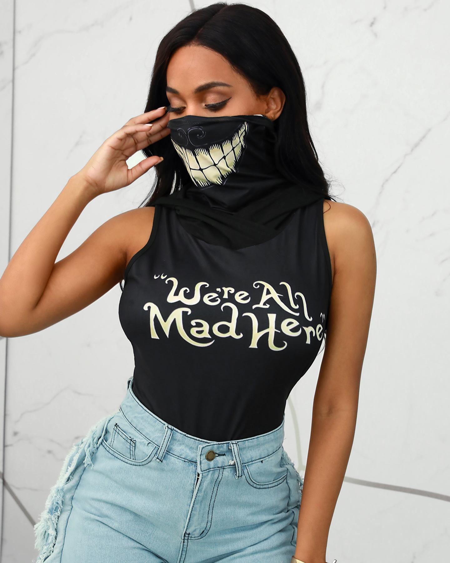 

Smile Graphic Hooded Tank Top With Ear Loop Face Bandana, Black