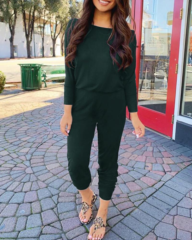 

Off Shoulder Pocket Casual Jumpsuit, Dark green