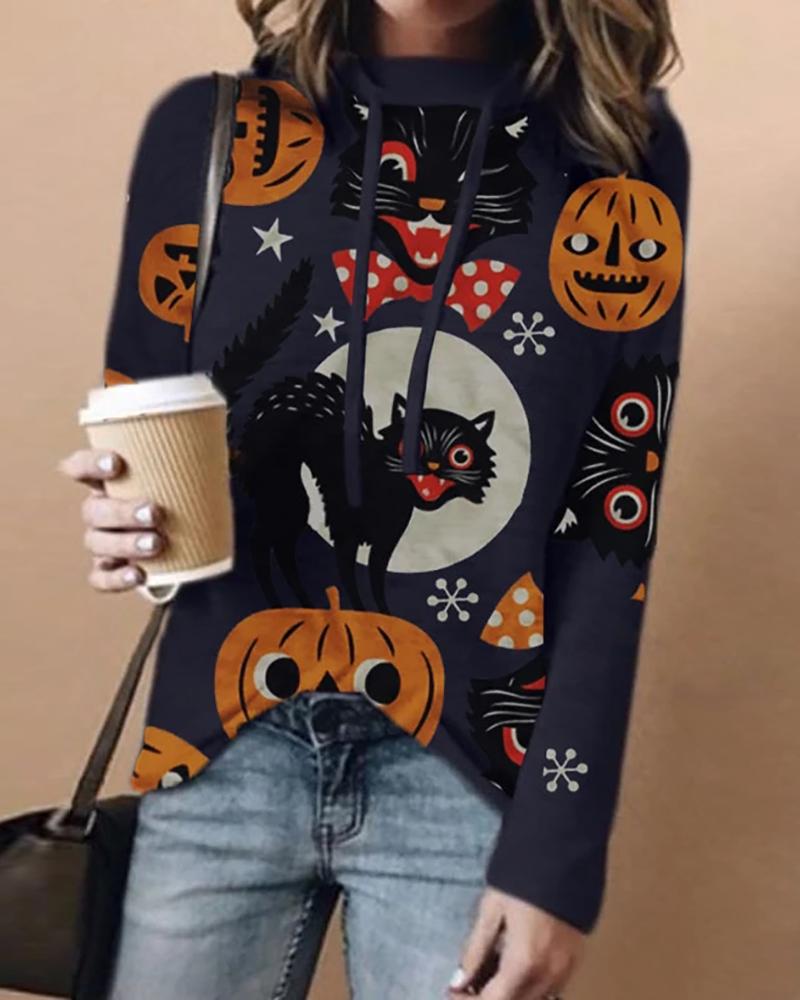 

Halloween Cat Pumpkin Print Casual Hooded Top, Dark blue
