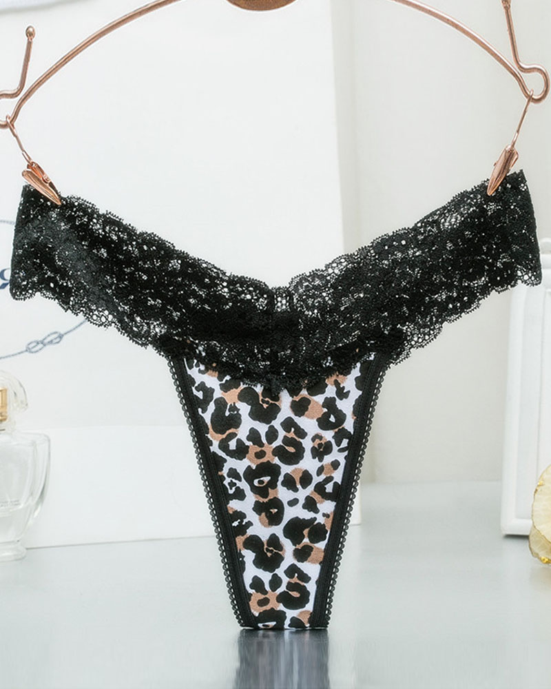 

Polkadot / Striped / Cheetah Print Lace Trim Thong Panty, Leopard