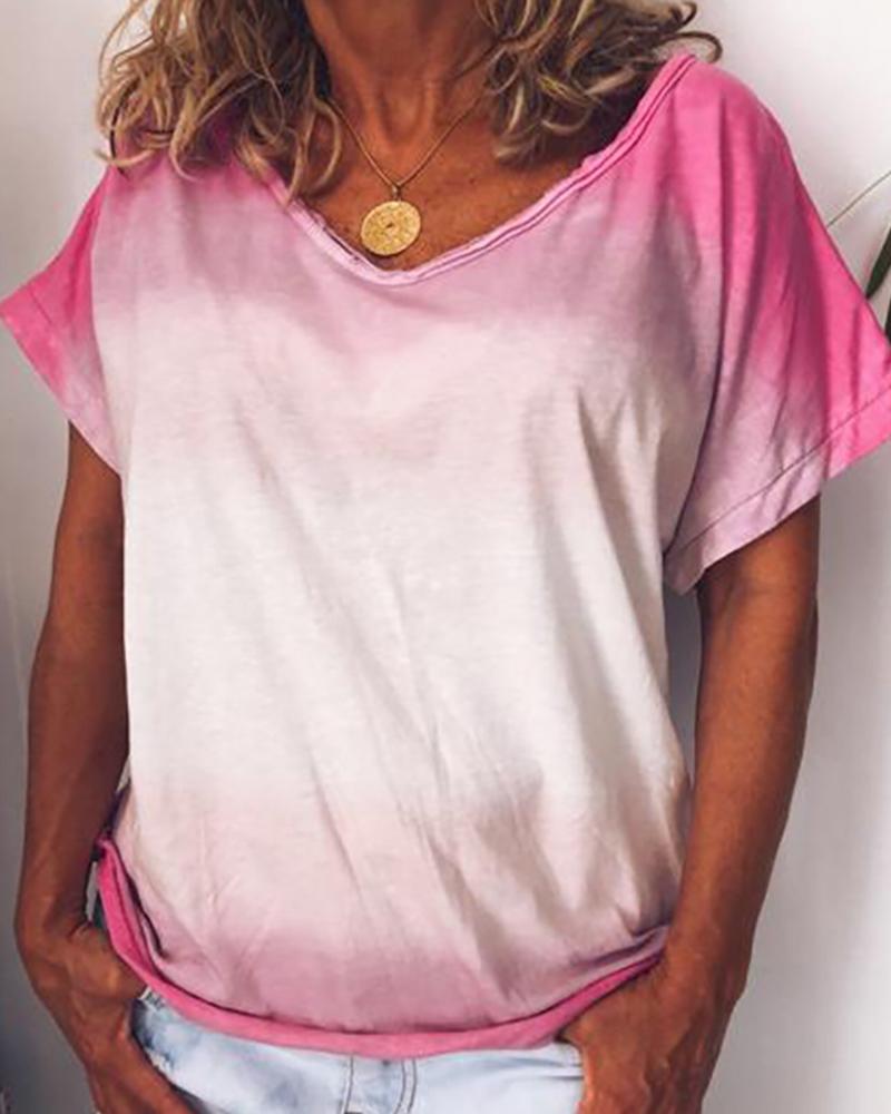 

V-neck Gradient Color Casual T-shirt, Pink