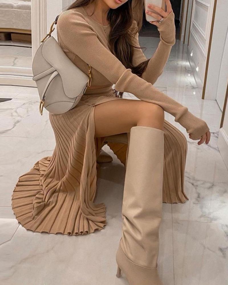 

Plain Long Sleeve Crop Top & High Slit Pleated Dress, Khaki