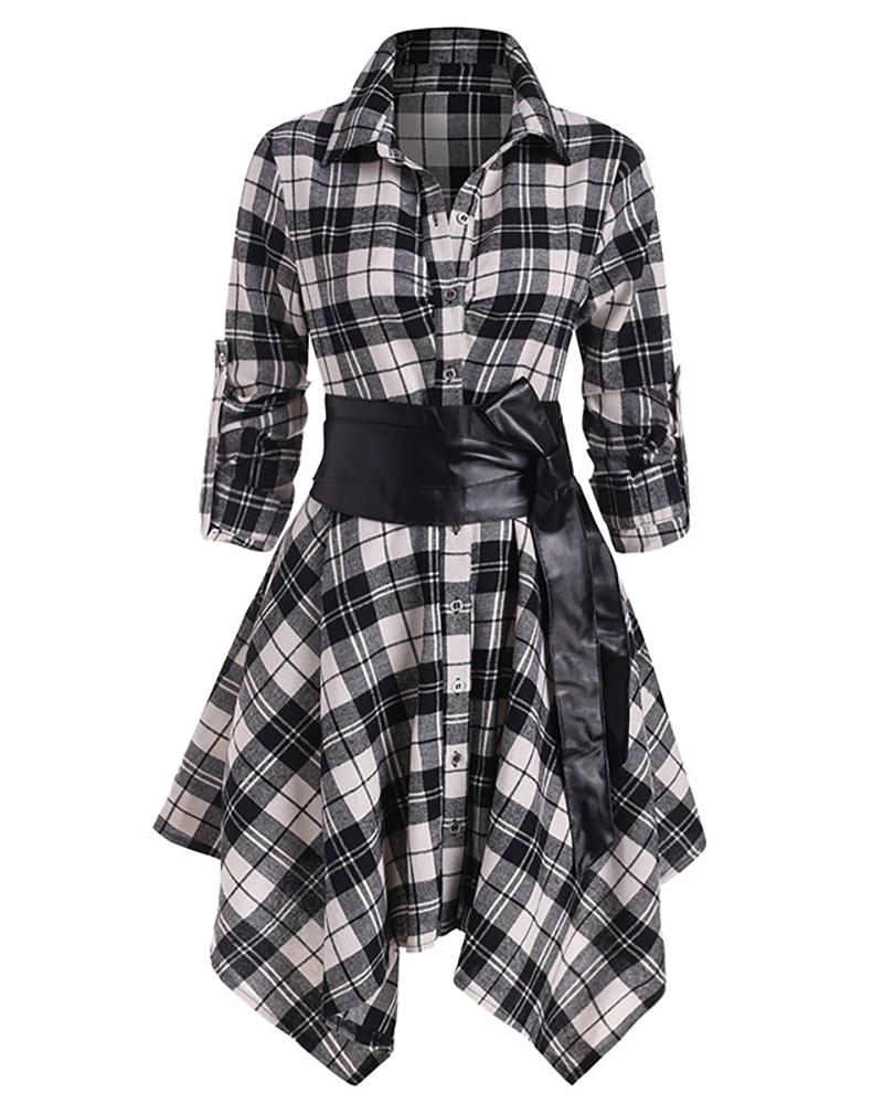

Button Design Plaid Asymmetrical Shirt Dress, Black