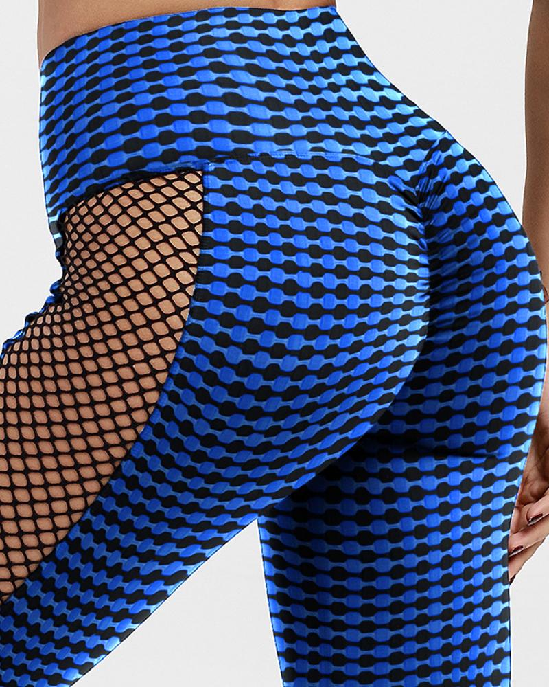 

Colorblock Tummy Control Fishnet Patch Butt Lifting Scrunch Yoga Pants, Blue