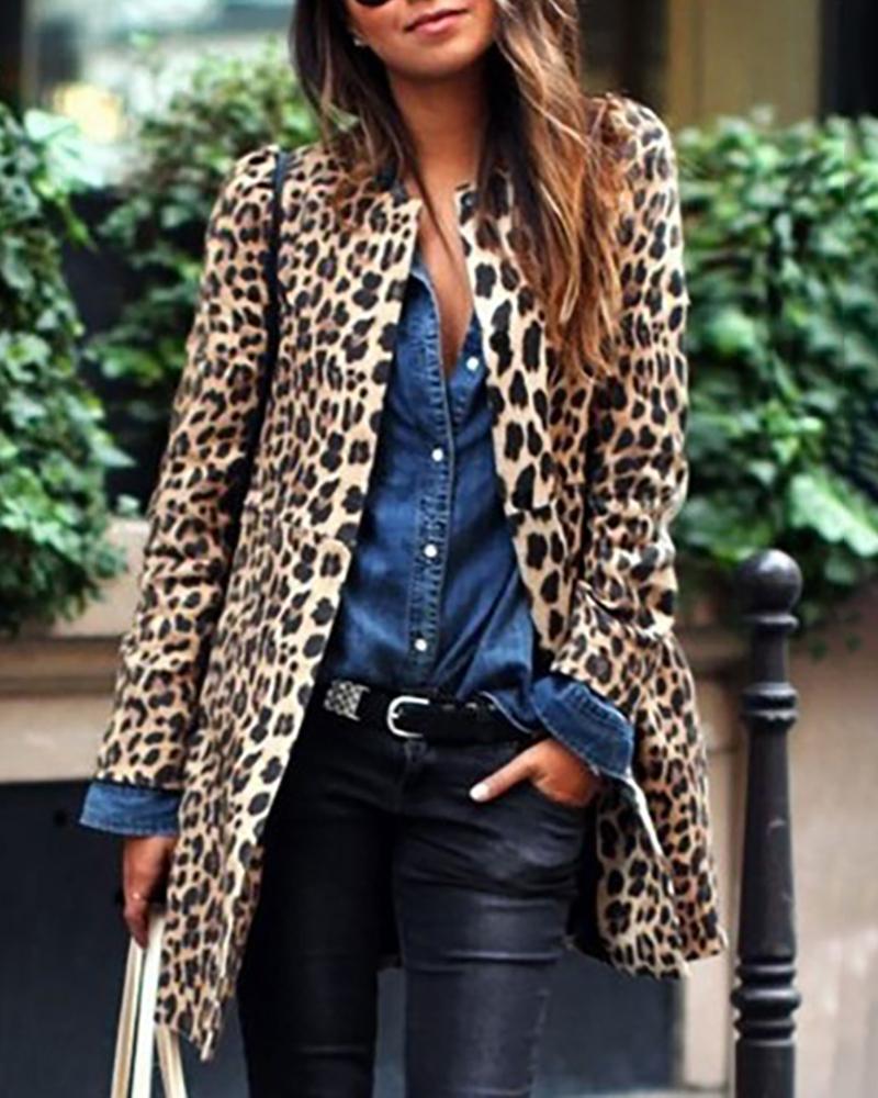 

Leopard Print Long Sleeve Casual Longline Coat
