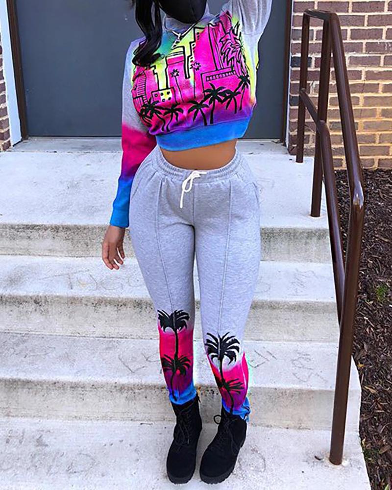

Tropical Print Long Sleeve Top & Drawstring Pants Set, Gray