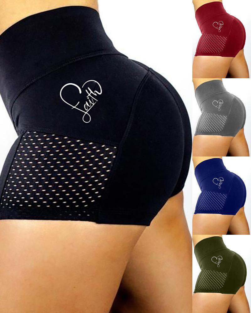 

Butt Lifting Booty Yoga Shorts Hollow Out Letter Heart Print Seamless Leggings, Black