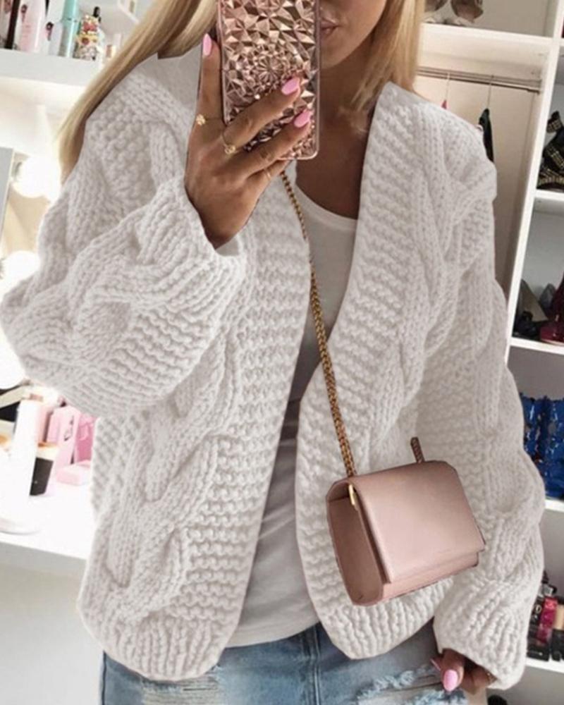 

Solid Long Sleeve Woven Knitted Loose Cardigans, White