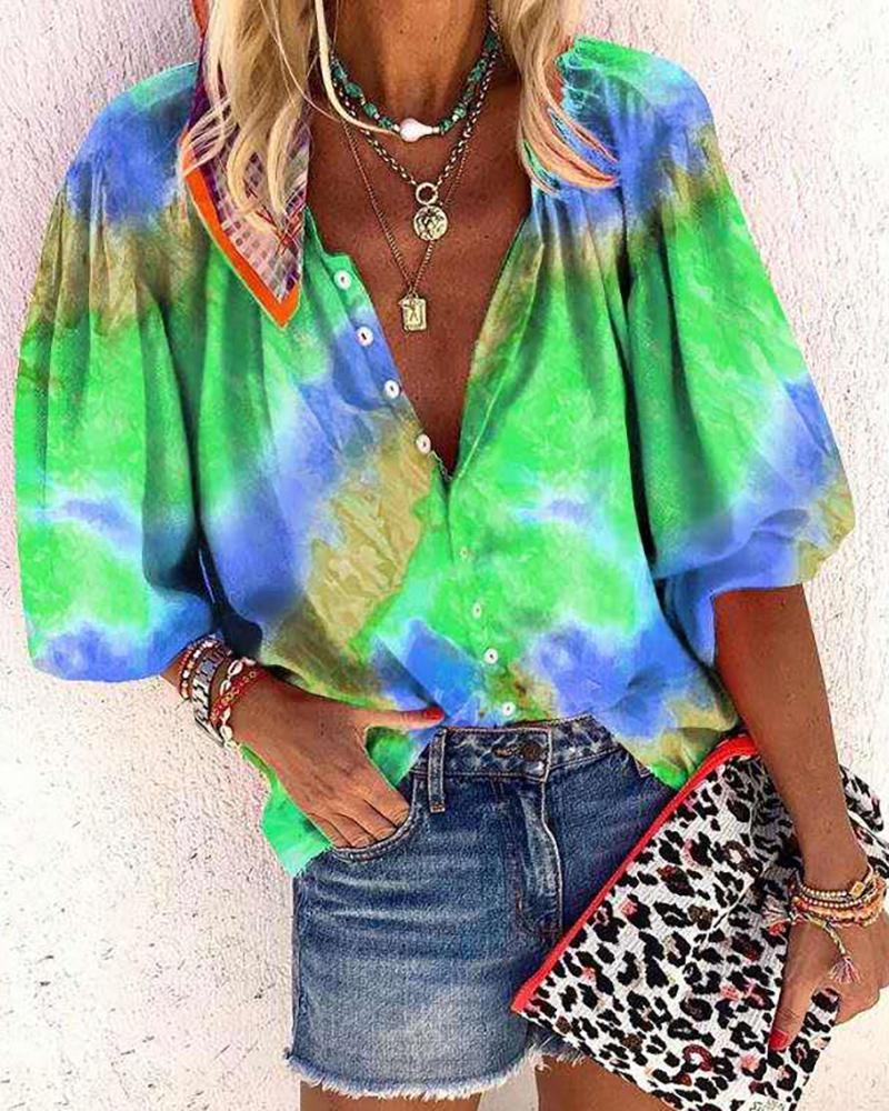 

Tie Dye Print Lantern Sleeve Button Down Casual Top, Green